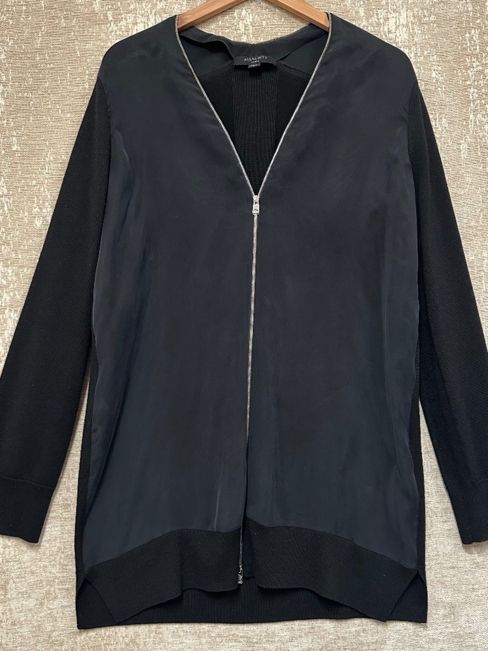 All Saints Jamie Zip Front Wool Cardigan Black SZ L